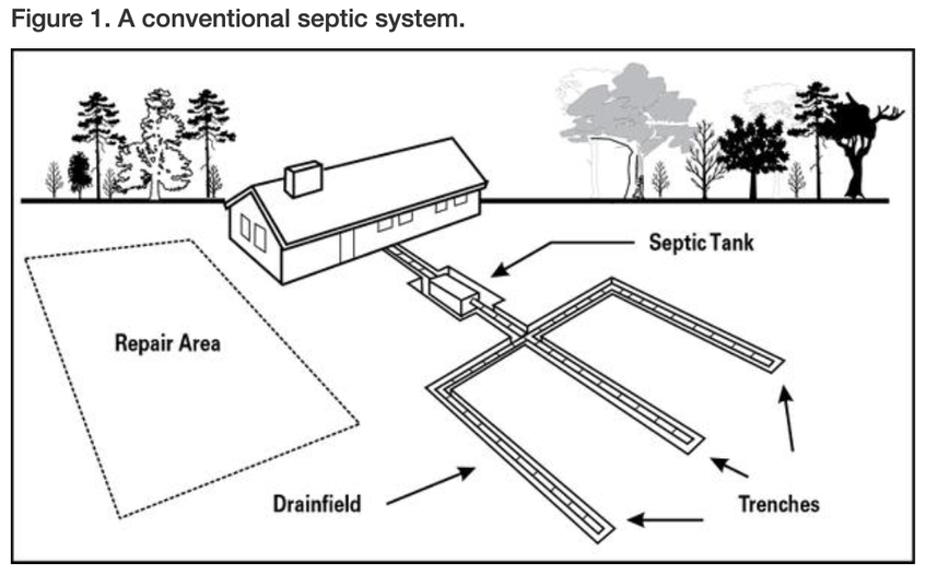 A conventional septic system diagram showing location of septic tank, drainfield with trenches, and repair area on a property relative to location of the housePicture