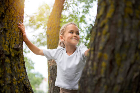 Smiling girl climbing on trees in the sunshine