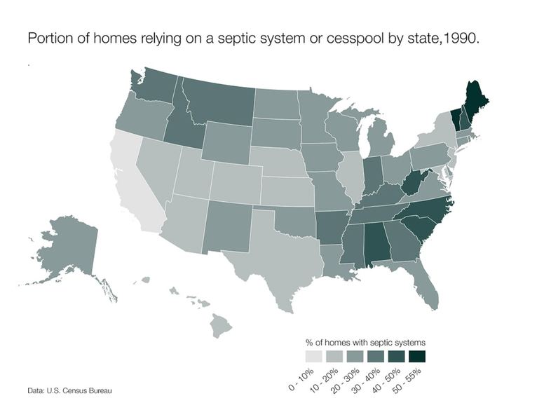 Map showing portion of homes relying on a septic system or cesspool by state, 1990Picture