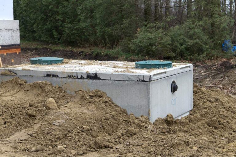Exposed trenches to drain field of septic system in sandy soil