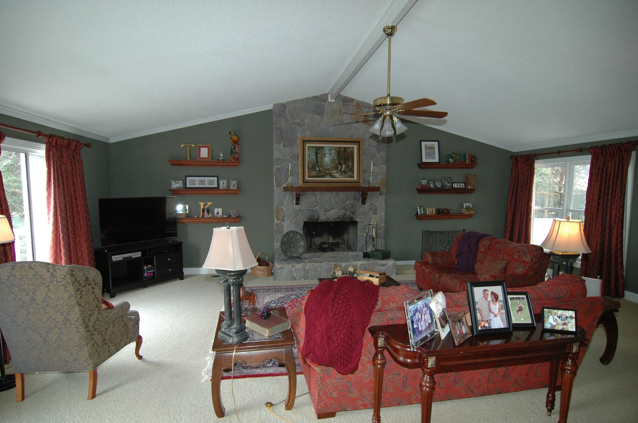 Before After Renovation Contemporary Living Room Stone Fireplace