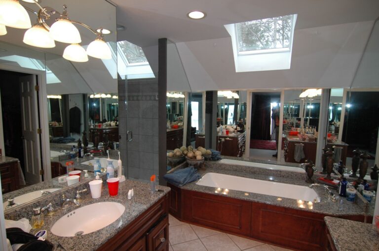 Before After Renovation Master Bathroom Quartz Skylight Roof Window Vanity Dropin Bathtub