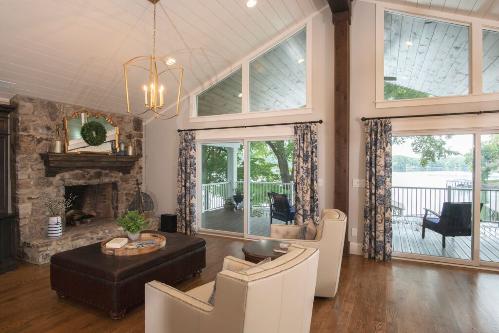 Stone Fireplace Great Room Window Lakeview Living Room