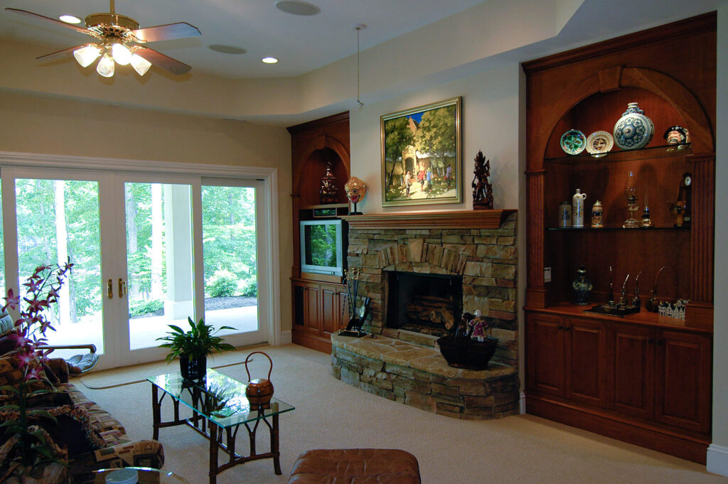 Custom Built Ins Stacked Stone Fireplace
