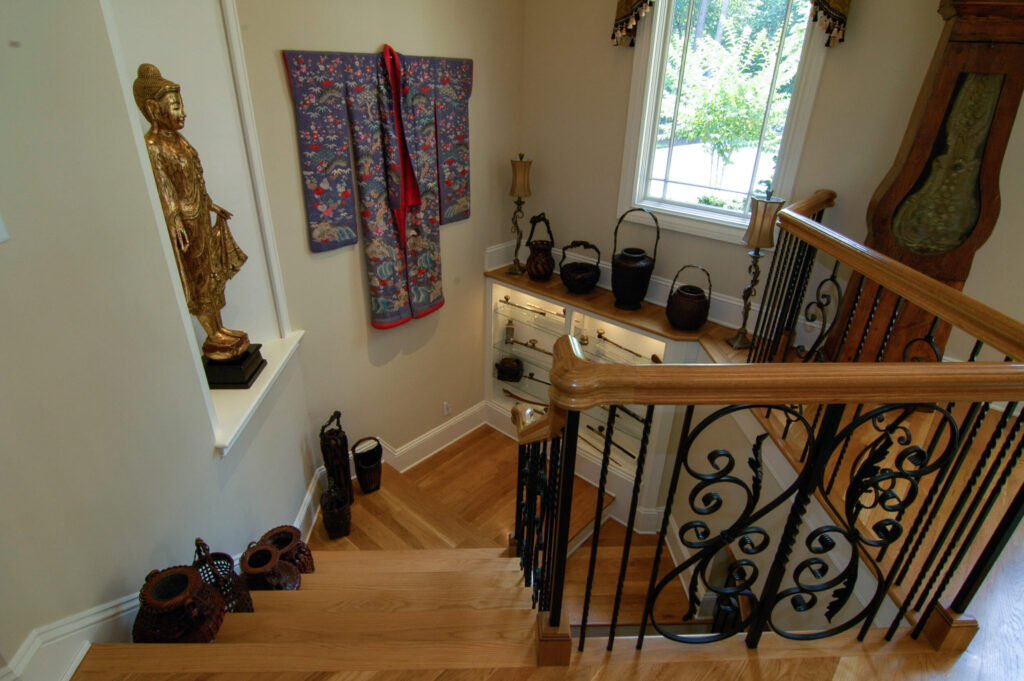 Wooden Staircase Scrollwork Railing Glass Display Case Antiques