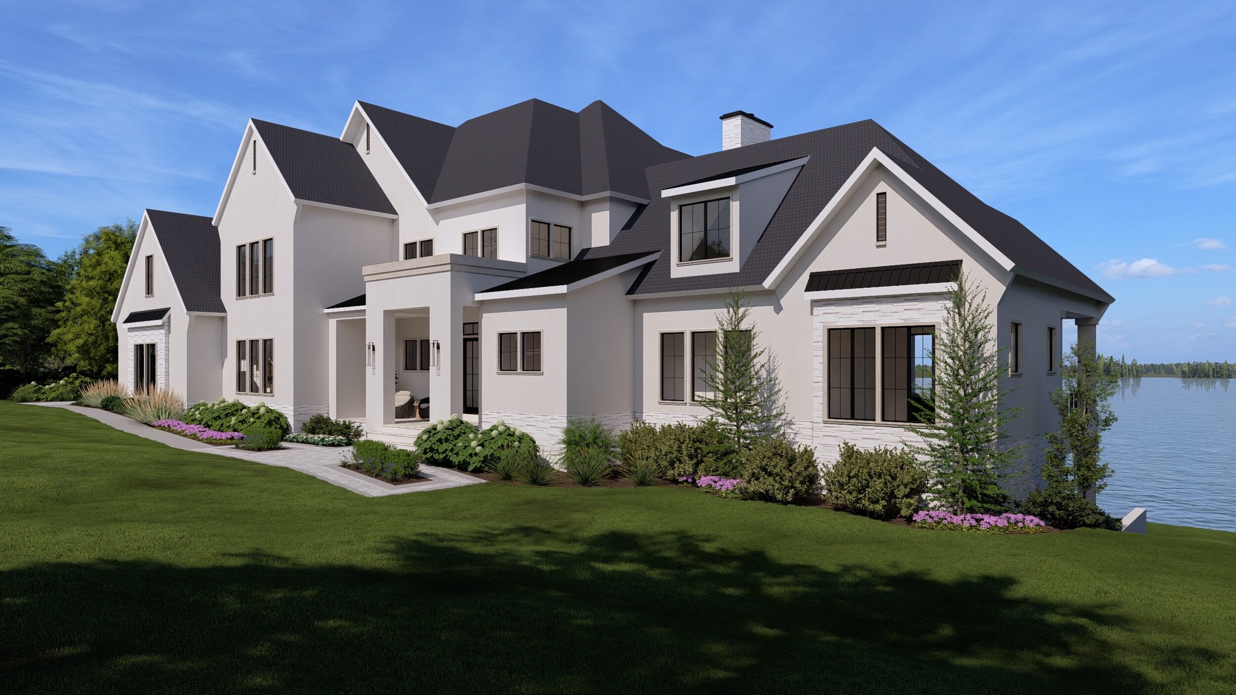 White Stucco And Stone Lake Home
